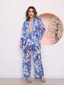 saida de praia tule estampada conjunto camisa com calca