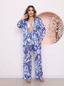 saida de praia tule estampada conjunto camisa com calca