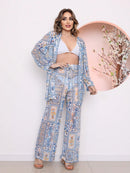 saida de praia tule estampada conjunto camisa com calca