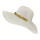 Chapéu Feminino De Praia Aba Rendada E Corrente Dourada