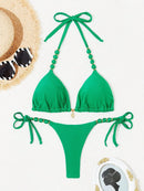 Biquíni Amarrável Com Pingente de Concha e Detalhes Dourados 
