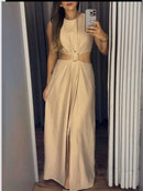 VESTIDO LONGO COM FIVELA FENDA FRONTAL EM TECIDO SENSORIAL