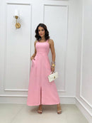 vestido longo elegante Botão Dividido Abertura lateral feminino - Moda Praia