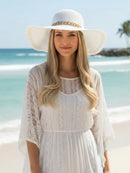 Chapéu Feminino De Praia Aba Rendada E Corrente Dourada