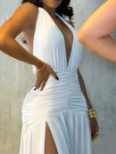 Vestido Longo com Fenda na Perna e Amarração no Pescoço – Vestido Feminino 