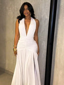 Vestido Longo com Fenda na Perna e Amarração no Pescoço – Vestido Feminino 