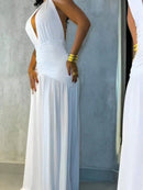 Vestido Longo com Fenda na Perna e Amarração no Pescoço – Vestido Feminino 