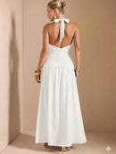 Vestido Longo com Fenda na Perna e Amarração no Pescoço – Vestido Feminino 