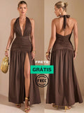Vestido Longo com Fenda na Perna e Amarração no Pescoço – Vestido Feminino