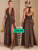 Vestido Longo com Fenda na Perna e Amarração no Pescoço – Vestido Feminino