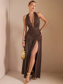 Vestido Longo com Fenda na Perna e Amarração no Pescoço – Vestido Feminino 