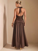 Vestido Longo com Fenda na Perna e Amarração no Pescoço – Vestido Feminino 