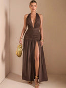 Vestido Longo com Fenda na Perna e Amarração no Pescoço – Vestido Feminino 