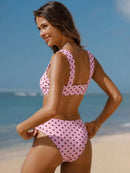 Bikini com Alças Largas e Decote em U com Estampa de Poá de Verão