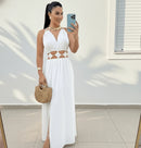 Vestido Longo Feminino com Recortes e Fenda Lateral Elegante