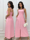 vestido longo elegante Botão Dividido Abertura lateral feminino - Moda Praia